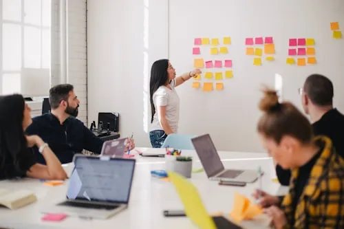 A team at AXZlead collaborating on a client success story for real estate lead generation